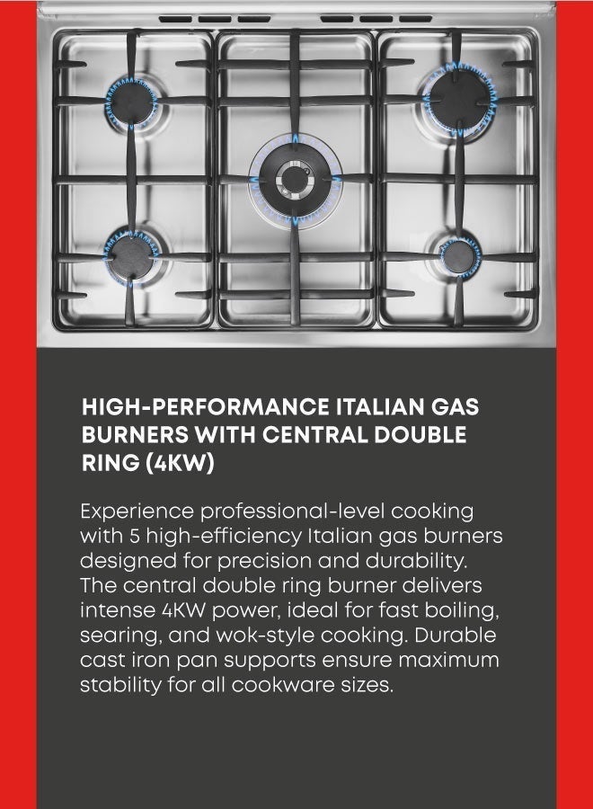 تورنيدو بوتجاز غاز 90×60 سم 5 شعلات إيطالية 100%، شعلة وسطى 4kW، مروحتين توزيع حرارة ومروحة تبريد، حوامل كاباست، أمان كامل، تايمر ديجيتال، استانلس ستيل - 9T10HLA1X0ASG - ضمان سنة شامل مجاناً - Image 3