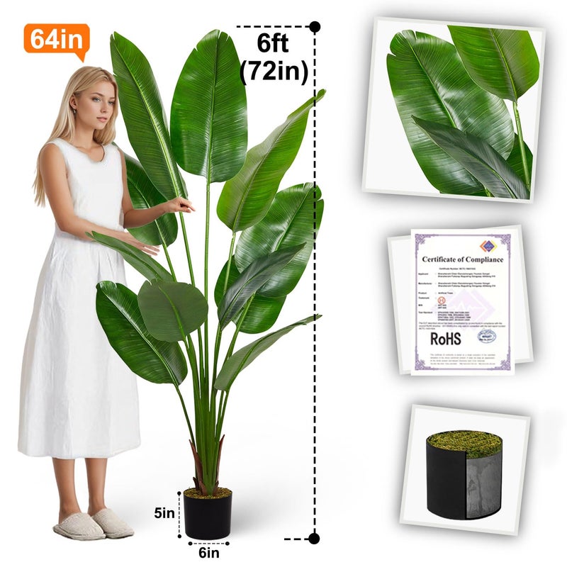 Aveyas 6ft Artificial Bird of Paradise Tree for Home Decor, 6 Feet Faux Floor Plant Fake Silk Banana Leaf Tropical Trees with Pot for Indoor Outdoor House Living Room (6 ft Tall) - Image 2