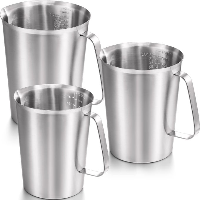 STAINLESS STEEL MEASURING CUPS 3 PIECES MEASURING PITCHER WITH HANDLE MEASURING CUP WITH MARKINGS FOR LATTE ART WATER POURING 16 OUNCES 2 CUP 32 OUNCES 4 CUP 64 OUNCES 8 CUP
