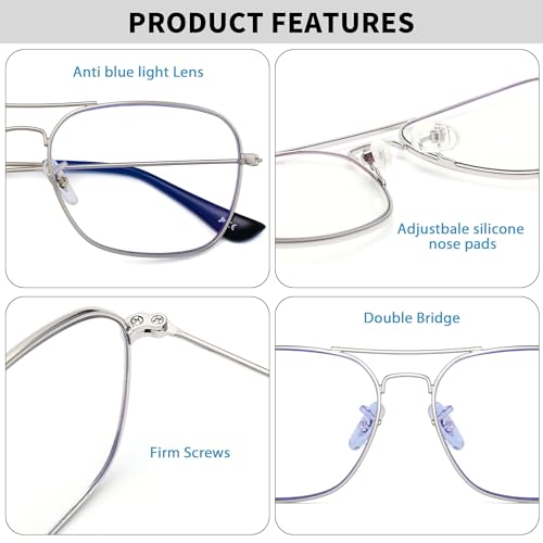 JM Aviator Computer Blue Light Blocking Glasses, Square Eye Protect Video Eyeglasses Anti Glare Men Women (Silver Frame Black Temple Tips) - Image 3