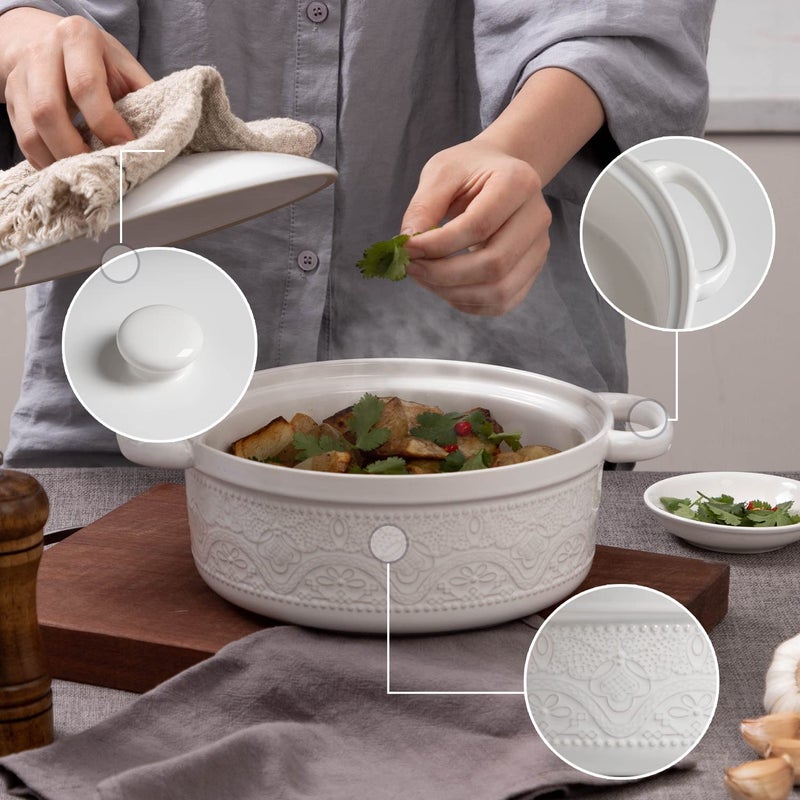 FE FUN ELEMENTS FUN ELEMENTS Casserole Dish, 2 Quart Lace Emboss Dish with Lid, Oven to Table Ceramic Round Serving Handles for Dinner and Party, Thanksgiving Christmas Gifts(Bright White) - Image 3