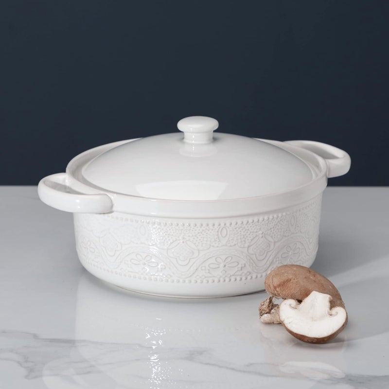 FE FUN ELEMENTS FUN ELEMENTS Casserole Dish, 2 Quart Lace Emboss Dish with Lid, Oven to Table Ceramic Round Serving Handles for Dinner and Party, Thanksgiving Christmas Gifts(Bright White) - Image 2