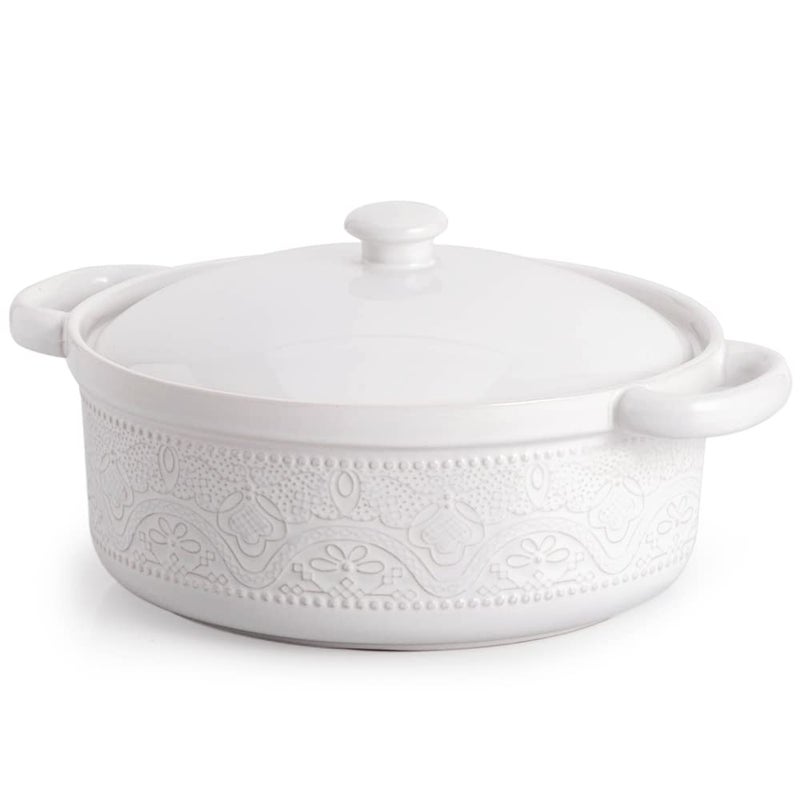 FE FUN ELEMENTS FUN ELEMENTS Casserole Dish, 2 Quart Lace Emboss Dish with Lid, Oven to Table Ceramic Round Serving Handles for Dinner and Party, Thanksgiving Christmas Gifts(Bright White) - Image 1
