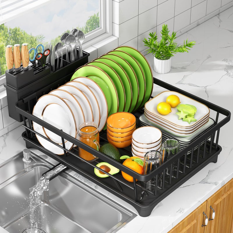 Kmiectse Dish Drying Rack - Space-Saving Small Dish Rack for Kitchen Counter, Rust-Resistant Kitchen Drying Rack, Compact Dish Drainer Organizer with Utensil Holder for Home Kitchen, Black - Image 1