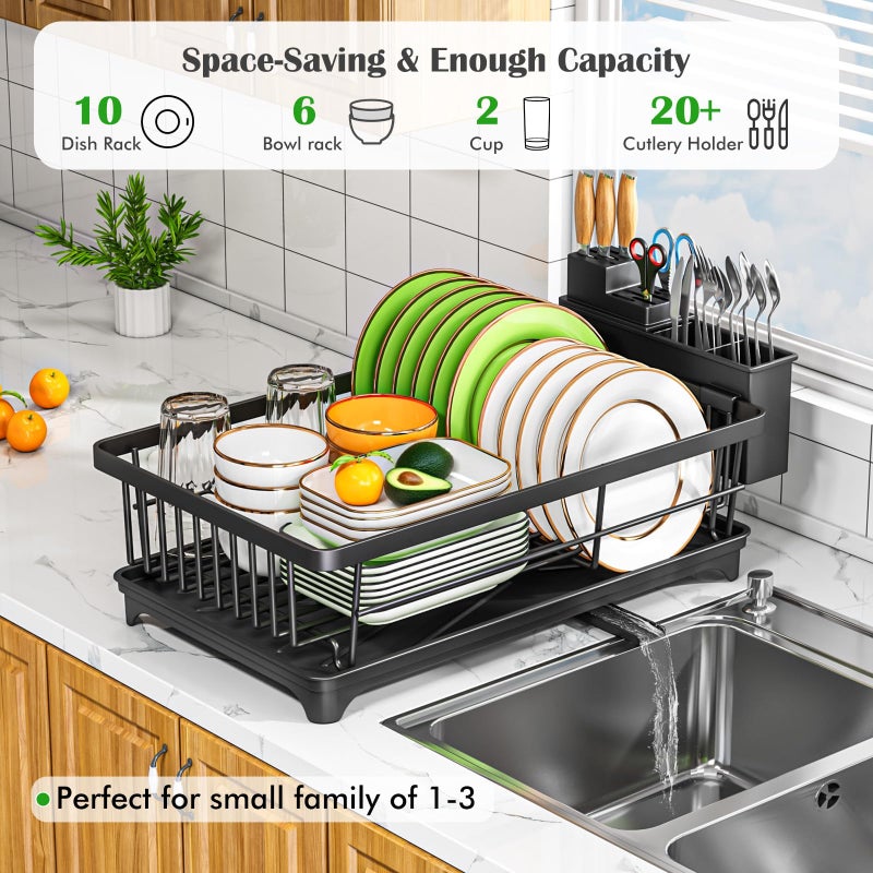 Kmiectse Dish Drying Rack - Space-Saving Small Dish Rack for Kitchen Counter, Rust-Resistant Kitchen Drying Rack, Compact Dish Drainer Organizer with Utensil Holder for Home Kitchen, Black - Image 3