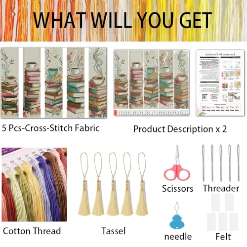 VIGEGU 5 Pack Cross Stitch Kits for Beginners,Coffee Stamped Cross Stitch Kits Bookmarks for Women,11ct Cross Stitch Embroidery Kit for Beginners Crafts for Adults - Image 2