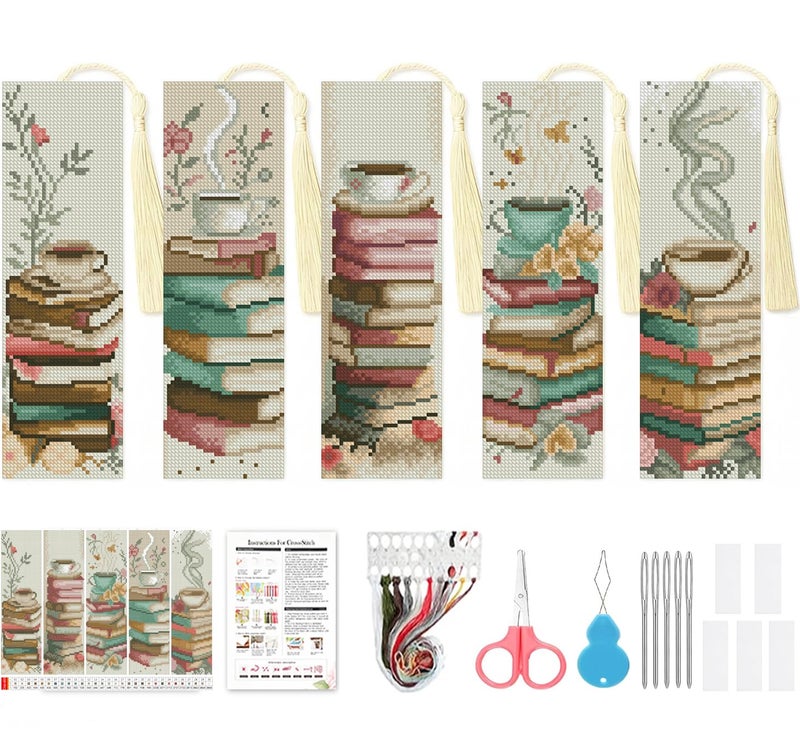 VIGEGU 5 Pack Cross Stitch Kits for Beginners,Coffee Stamped Cross Stitch Kits Bookmarks for Women,11ct Cross Stitch Embroidery Kit for Beginners Crafts for Adults - Image 1