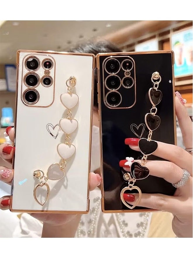 واي جيه غطاء لهاتف سامسونج جالكسي S23 ألترا للنساء والفتيات، غطاء مطلي مع سوار على شكل قلب مع حزام سلسلة للإمساك، غطاء ناعم لامع من السيليكون TPU، غطاء نحيف للهاتف لجالكسي S23 ألترا (أسود) - Image 5