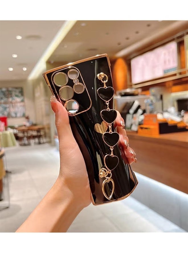 واي جيه غطاء لهاتف سامسونج جالكسي S23 ألترا للنساء والفتيات، غطاء مطلي مع سوار على شكل قلب مع حزام سلسلة للإمساك، غطاء ناعم لامع من السيليكون TPU، غطاء نحيف للهاتف لجالكسي S23 ألترا (أسود) - Image 4