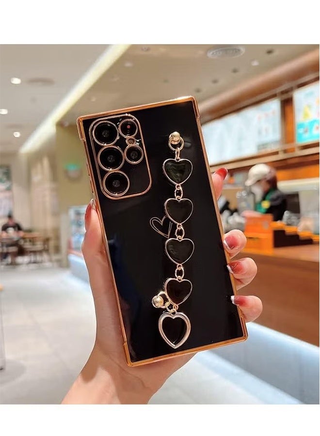 واي جيه غطاء لهاتف سامسونج جالكسي S23 ألترا للنساء والفتيات، غطاء مطلي مع سوار على شكل قلب مع حزام سلسلة للإمساك، غطاء ناعم لامع من السيليكون TPU، غطاء نحيف للهاتف لجالكسي S23 ألترا (أسود) - Image 2