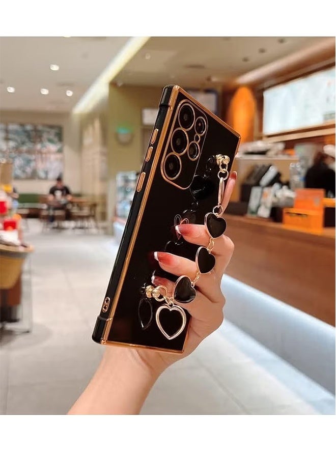 واي جيه غطاء لهاتف سامسونج جالكسي S23 ألترا للنساء والفتيات، غطاء مطلي مع سوار على شكل قلب مع حزام سلسلة للإمساك، غطاء ناعم لامع من السيليكون TPU، غطاء نحيف للهاتف لجالكسي S23 ألترا (أسود) - Image 3