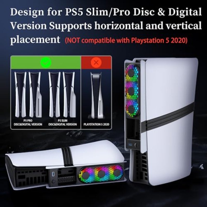 JDGPOKOO RGB PS5 Slim/Pro Cooling Fan - Auto Power Cooling System for PS5 Pro/Slim Silent 3-Fan Cooler with 3 Speed Settings USB 3.0 Port Compatible For PlayStation 5 Slim/Pro Digital Disc Edition - Image 5