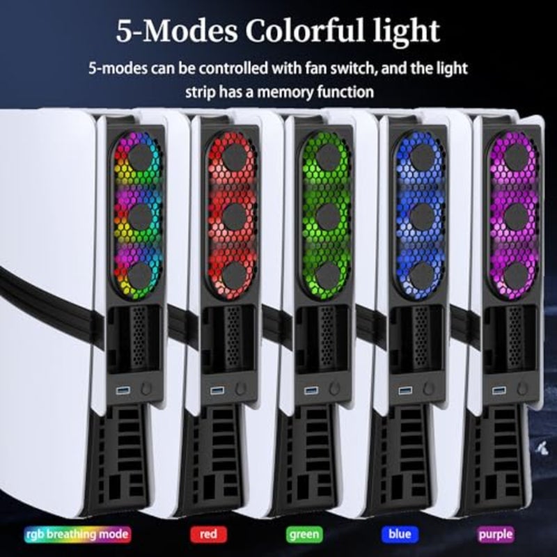 JDGPOKOO RGB PS5 Slim/Pro Cooling Fan - Auto Power Cooling System for PS5 Pro/Slim Silent 3-Fan Cooler with 3 Speed Settings USB 3.0 Port Compatible For PlayStation 5 Slim/Pro Digital Disc Edition - Image 4