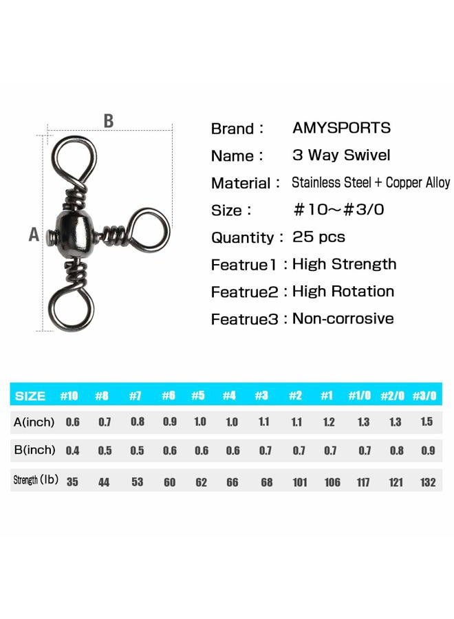AMYSPORTS Stainless 3way Swivel Fishing crossline swivels 3 Way rigs Saltwater Freshwater Drifting trolling Fishing Tackle Connector for Spoons Minnow baits Size4 (66lb) 25 Pack - Image 2