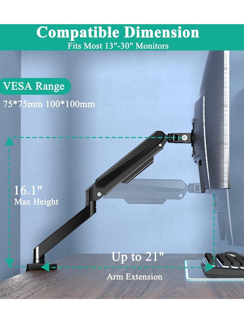 ELTRAZONE - Single Monitor Arm, Desk Mount Gas Spring Monitor Arms Adjustable Full Motion Swivel Computer Monitor Stand with Clamp and Grommet Base, Fits 13-30'' TV Screens Holds up to 19.8lbs - Image 1