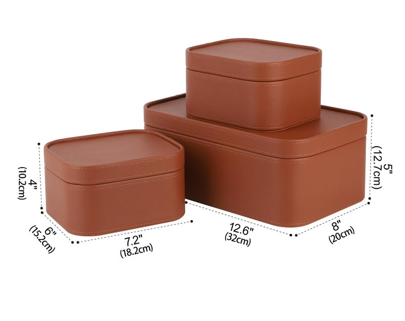 HofferRuffer Faux Leather Decorative Storage Boxes, Dust proof Storage Shelf Baskets with Lids Trays, Storage Bins Memory Box Organizer for Home, Office, Jewelry & More, Set of 3 (Brown) - Image 2