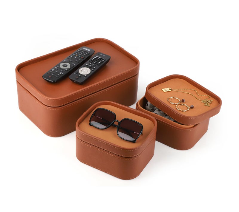 HofferRuffer Faux Leather Decorative Storage Boxes, Dust proof Storage Shelf Baskets with Lids Trays, Storage Bins Memory Box Organizer for Home, Office, Jewelry & More, Set of 3 (Brown) - Image 3