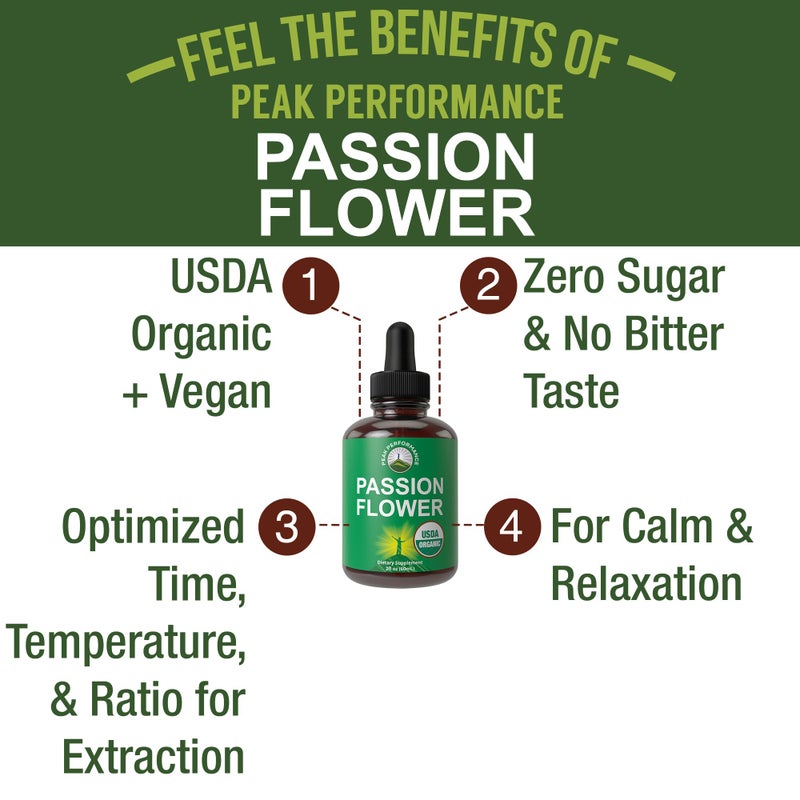 Peak Performance USDA Organic Passion Flower Extract Vegan Liquid Drops with High Bioavailability For Women and Men. Organic Passionflower Supplement With Zero Sugar and Gluten Free. For Calm, Relaxation Support. - Image 2