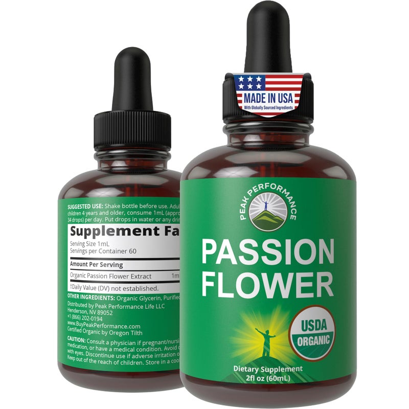 Peak Performance USDA Organic Passion Flower Extract Vegan Liquid Drops with High Bioavailability For Women and Men. Organic Passionflower Supplement With Zero Sugar and Gluten Free. For Calm, Relaxation Support. - Image 1