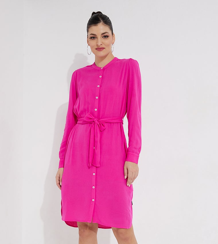 بيفرلي هيلز بولو كلوب فستان قميص قصير بأكمام طويلة سادة