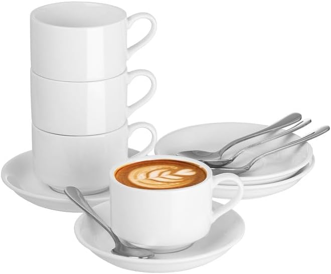 Meichu Stackable Espresso Cups and Saucers Set with Stainless Steel Spoons for 4 25oz Ceramic Demitasse Cups Durable Porcelain Coffee Cups for Hot Drinks Tea GiftsWhite - Image 1