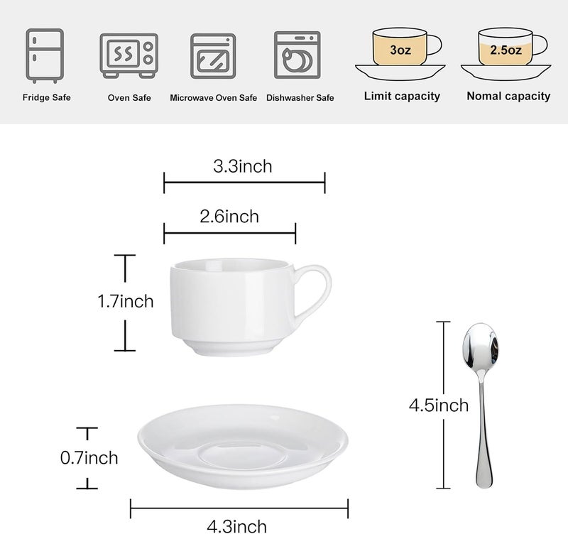 Meichu Stackable Espresso Cups and Saucers Set with Stainless Steel Spoons for 4 25oz Ceramic Demitasse Cups Durable Porcelain Coffee Cups for Hot Drinks Tea GiftsWhite - Image 2