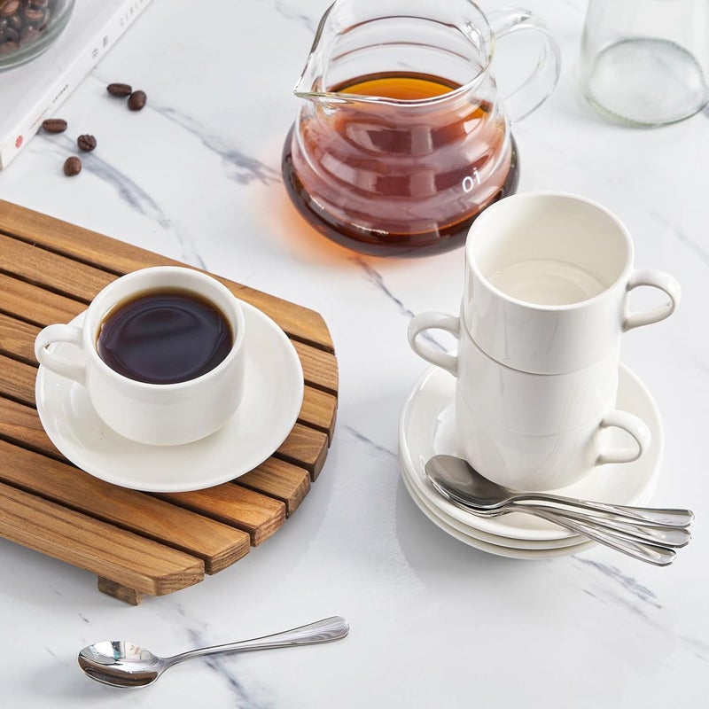 Meichu Stackable Espresso Cups and Saucers Set with Stainless Steel Spoons for 4 25oz Ceramic Demitasse Cups Durable Porcelain Coffee Cups for Hot Drinks Tea GiftsWhite - Image 5