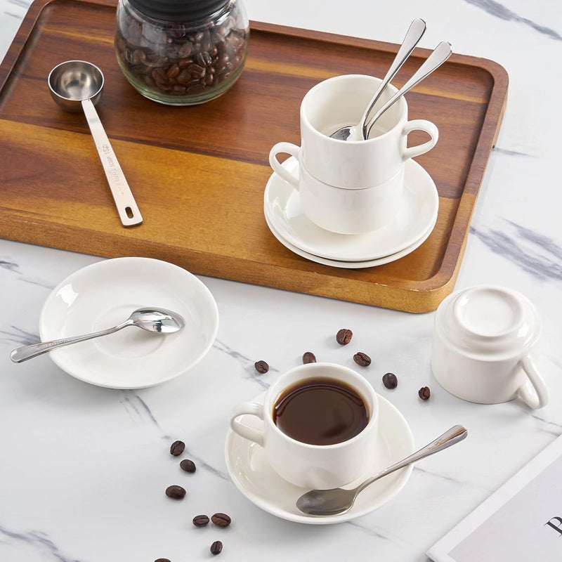 Meichu Stackable Espresso Cups and Saucers Set with Stainless Steel Spoons for 4 25oz Ceramic Demitasse Cups Durable Porcelain Coffee Cups for Hot Drinks Tea GiftsWhite - Image 3