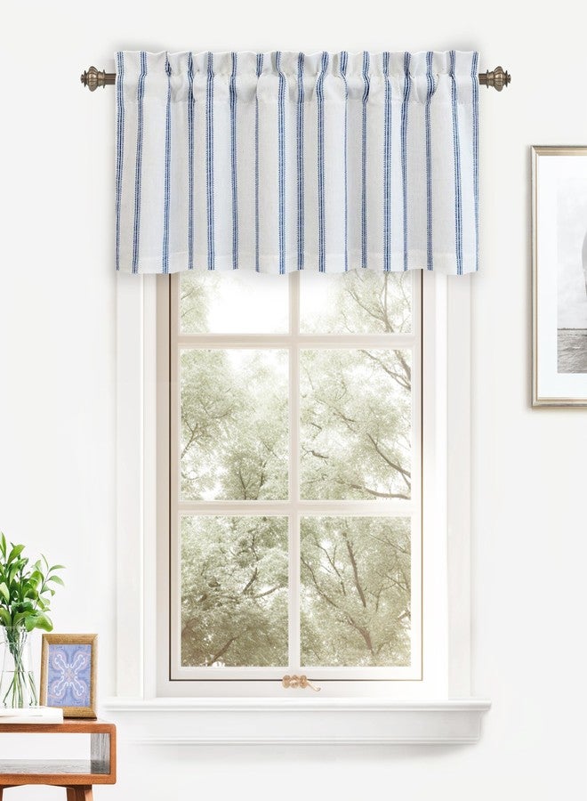 DriftAway Farmhouse Linen Blend Blackout Valance for Kitchen 18 Inch Length Vertical Striped Printed Lined Rod Pocket Room Darkening Curtain Valance for Living Room 52x18 Inch Navy - Image 2