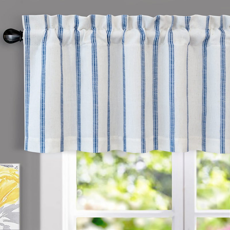 DriftAway Farmhouse Linen Blend Blackout Valance for Kitchen 18 Inch Length Vertical Striped Printed Lined Rod Pocket Room Darkening Curtain Valance for Living Room 52x18 Inch Navy - Image 1