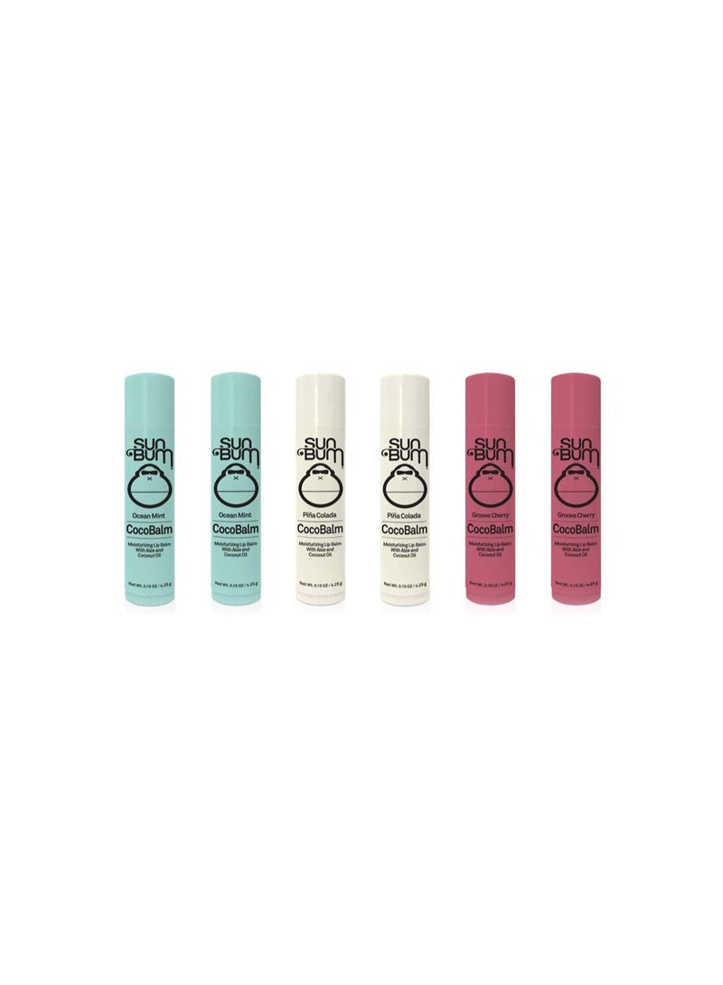 Sun Bum CocoBalm | Vegan and Cruelty Free Moisturizing Lip Balm with Aloe & Coconut Oil | Pina Colada, Ocean Mint, Groove Cherry (.15 oz) | Pack of 6 (2 of Each Flavor)  - Image 1