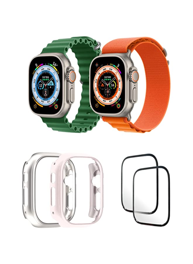 IAF Silicone Ocean Band Strap for iWatch Ultra 8 49mm,Nylon G-hook Loop Buckle Watch Strap Green/Orange , Case Compatible with iWatch Ultra 49mm Transparent/Pink ,2* pcs Watch glass Set of 6