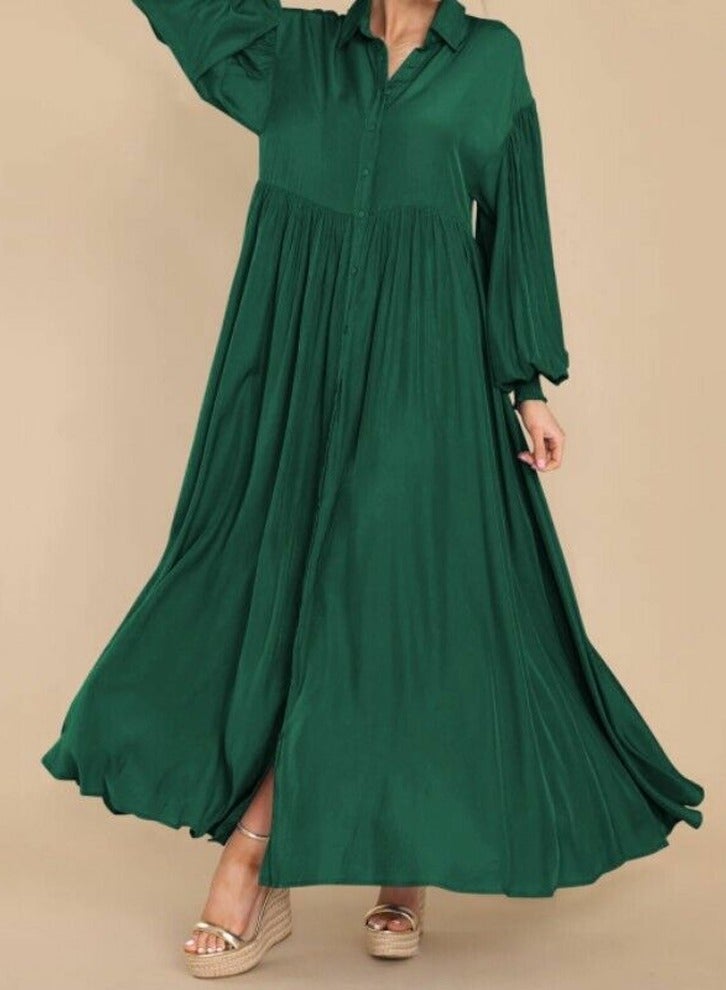 Loquat Womens Loose Casual Lantern Long Sleeve Button Dresses Solid Color Ruffled Lapel Maxi Dress Dark Green - Image 1