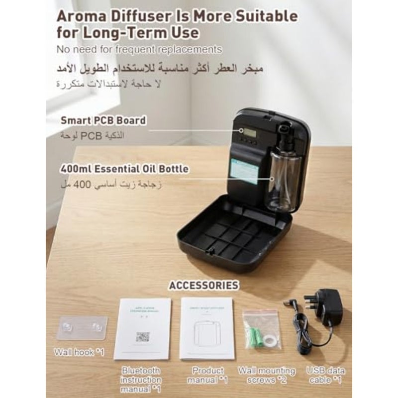 موزع روائح الزيوت العطرية بدون ماء من بلاستيك ABS أسود غير لامع: تحكم ذكي في التطبيق، 5 مستويات للعطور، سعة 400 مل، مؤقت لمدة 7 أيام، استخدام سطح المكتب المثبت على الحائط للمجلس والمنزل والمكتب والسيارة - Image 5
