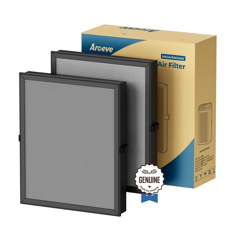 AROEVE MK04 Air Purifier Replacement Filter Smoke Remove Material 4 in1 Filter with Activated Carbon Mix Against Ash for Smoke Odors and VOCs 2 Pack Grey