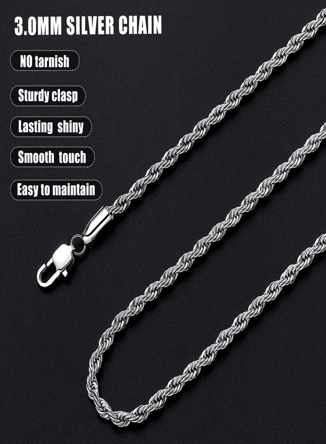 Fiusem قلادة فيوسيم بسلسلة حبلية 3 مم للرجال، قلادة فضية اللون للرجال، سلسلة من الفولاذ المقاوم للصدأ للرجال والنساء، هدية مجوهرات، 16 بوصة، فولاذ مقاوم للصدأ، مصقولة للغاية - Image 5