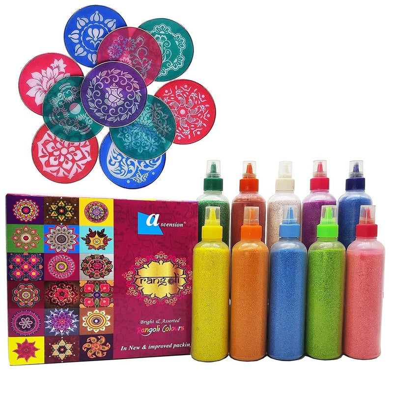 ascension Art Diwali Rangoli Stencil Kit includes 8 inches 5 Rangoli Net 10 Rangoli Powder Ceramic Bottles 80grams - Image 1