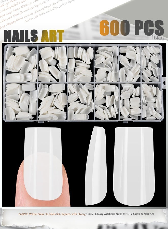 Zen 600PCS White Press On Nails Set, Square, with Storage Case, Glossy Artificial Nails for DIY Salon & Nail Art - Image 1