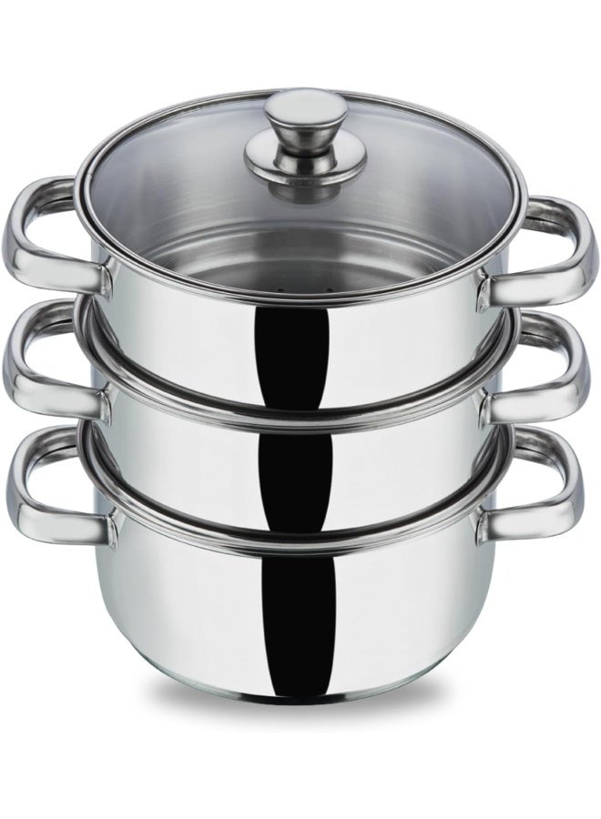 VINOD Stainless Steel 3 Tier/Momo/Modak Maker/Vegetable Steamer with Glass Lid & Riveted Handles - 24 cm  - Image 1