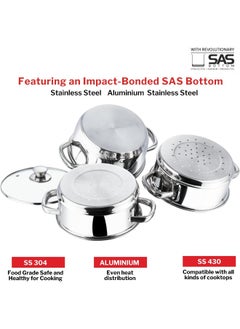 VINOD Stainless Steel 3 Tier/Momo/Modak Maker/Vegetable Steamer with Glass Lid & Riveted Handles - 24 cm  - Image 4