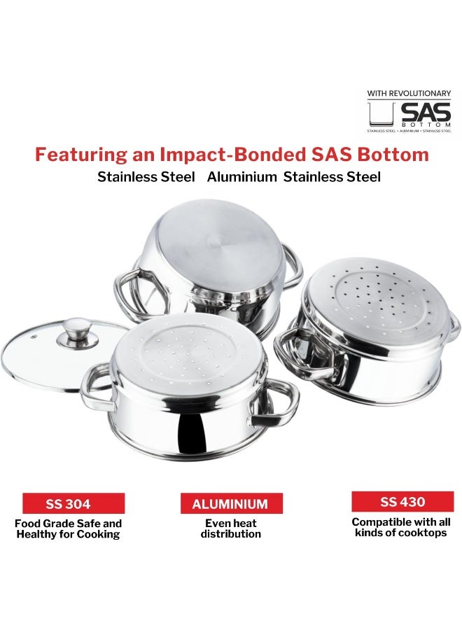 VINOD Stainless Steel 3 Tier/Momo/Modak Maker/Vegetable Steamer with Glass Lid & Riveted Handles - 24 cm  - Image 4