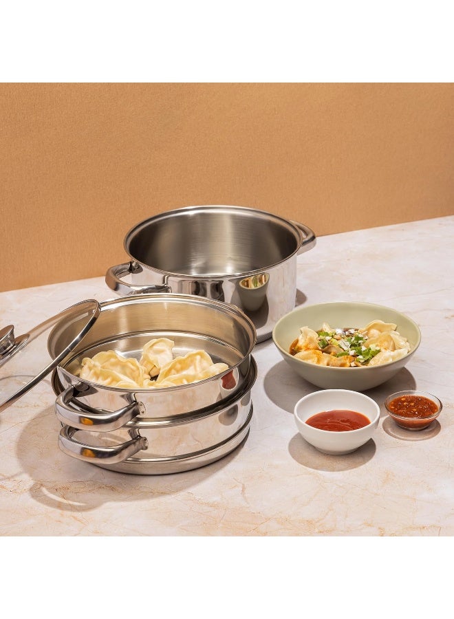 VINOD Stainless Steel 3 Tier/Momo/Modak Maker/Vegetable Steamer with Glass Lid & Riveted Handles - 24 cm  - Image 2