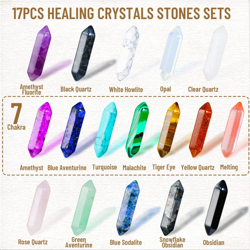 Modacraft 17Pcs Healing Crystals Stones Sets, Hexagonal Bullet Shaped Reiki Meditation Gemstone Chakra Stones Tiger Eye Obsidian Quartz Crystals Gemstone Wand Set Pendants with Storage Box - Image 2