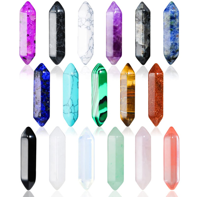 Modacraft 17Pcs Healing Crystals Stones Sets, Hexagonal Bullet Shaped Reiki Meditation Gemstone Chakra Stones Tiger Eye Obsidian Quartz Crystals Gemstone Wand Set Pendants with Storage Box - Image 1