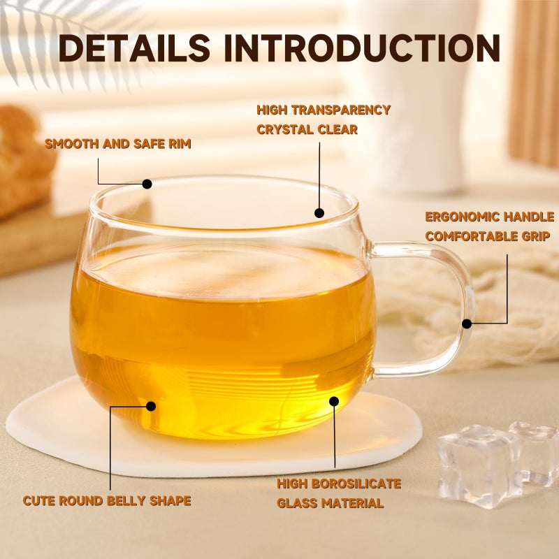 GURUDAR Glass Tea Cups Set of 2, Clear Borosilicate Glass Teacups with Handle for Tealover, Dishwasher & Microwave Safe Large Coffee Mugs for Espresso Cappuccino Latte Juice, 12OZ/360ML - Image 5