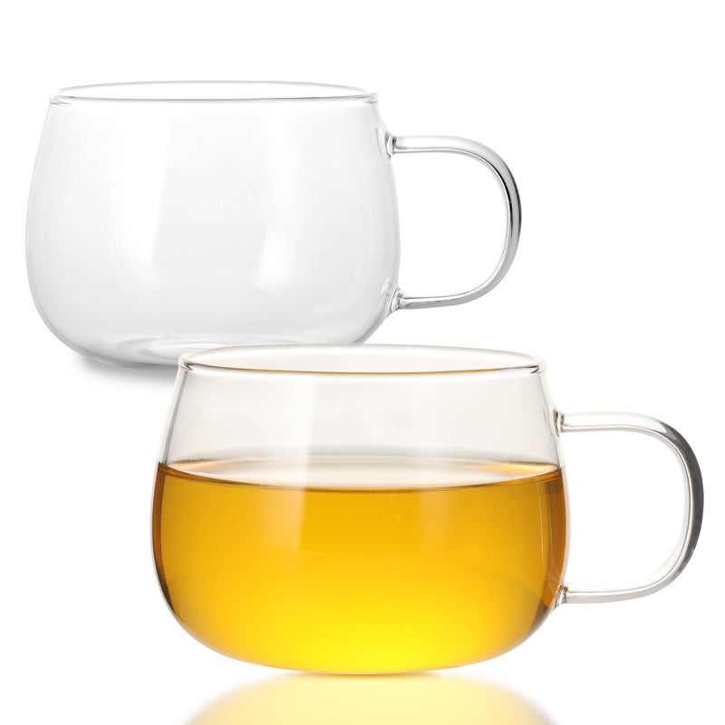 GURUDAR Glass Tea Cups Set of 2, Clear Borosilicate Glass Teacups with Handle for Tealover, Dishwasher & Microwave Safe Large Coffee Mugs for Espresso Cappuccino Latte Juice, 12OZ/360ML - Image 1