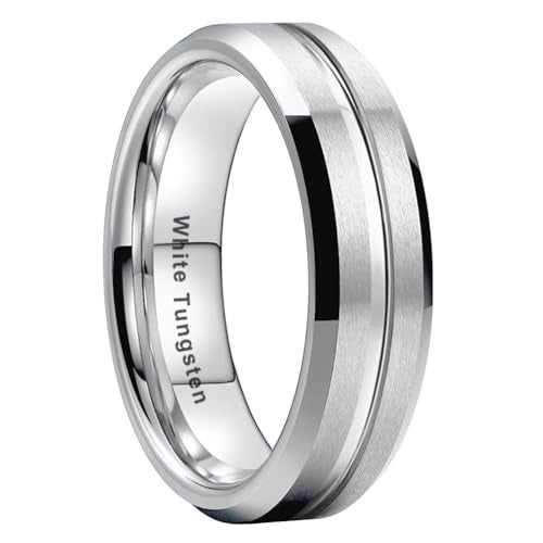 TUTISS 6mm White Tungsten Wedding Bands for Men Women Couple Engagement Fashion Rings Grooved Matte Finish Beveled Edges Comfort Fit Size 7 - Image 1