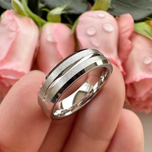 TUTISS 6mm White Tungsten Wedding Bands for Men Women Couple Engagement Fashion Rings Grooved Matte Finish Beveled Edges Comfort Fit Size 7 - Image 4