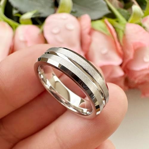 TUTISS 6mm White Tungsten Wedding Bands for Men Women Couple Engagement Fashion Rings Grooved Matte Finish Beveled Edges Comfort Fit Size 7 - Image 2