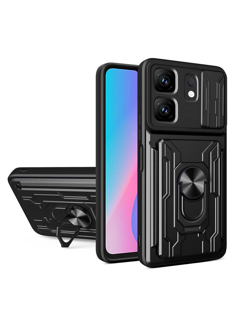 لـ Infinix Smart 9 / 9HD / Hot50i Case, حامل البطاقة وغطاء عدسة الكاميرا الشريحة, حامل الحلقة المغناطيسية كيكستاند حالة الهاتف الوقائي لـ Infinix Smart 9 / 9HD / Hot50i, أسود